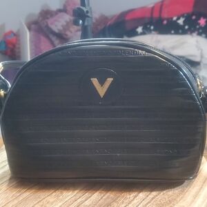 Valentino Black Crossbody Bag with Gold Logo and Textured Material